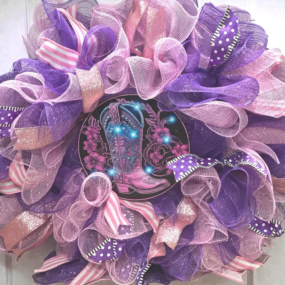 Handmade Western Mesh Wreath; Purple and Pink Wreath with a Western Flair